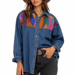 Vintage Machine Denim Western Shirt Color Block Suede Leather Patchwork Size M